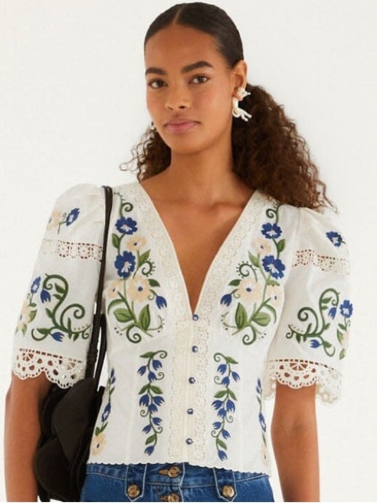 FARM Rio Tops - Farm Rio Countryside Lane Embroidered Short Sleeve Blouse NWT XS